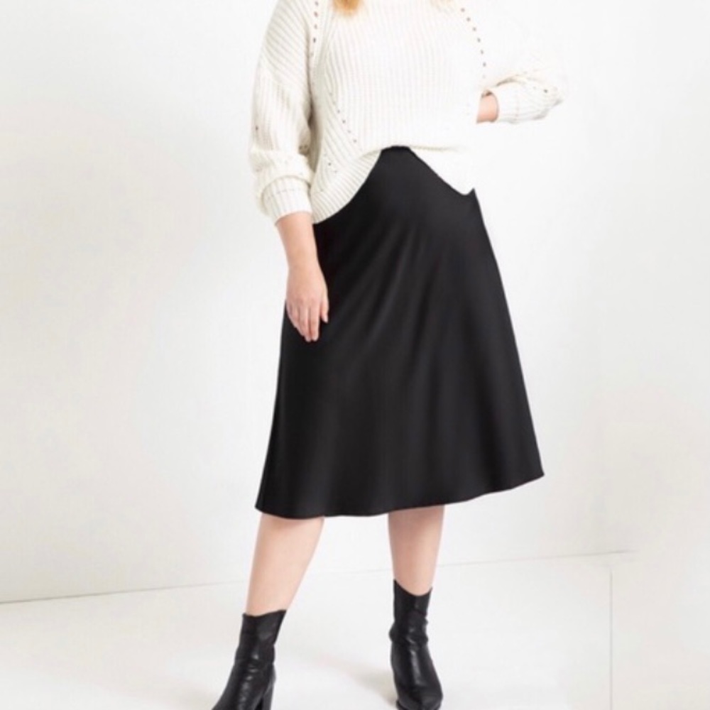 ELOQUII Black Satin Midi Skirt